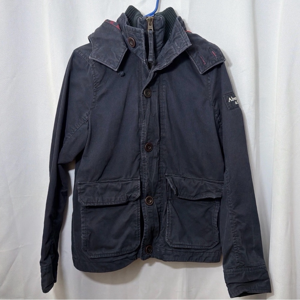 Abercrombie & Fitch Men Blue Hooded Buffalo Plaid Lined Military Coat Jacket S